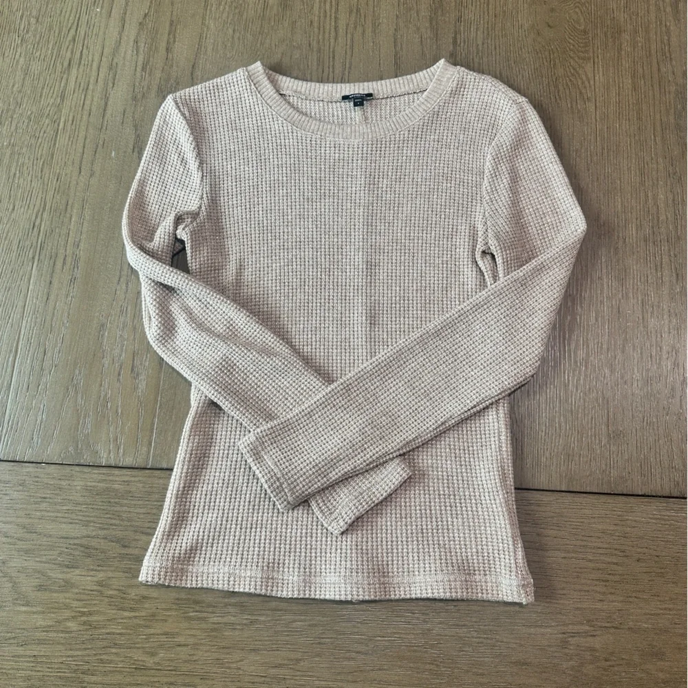 Express Glitter Waffle Fitted Crew Neck Long Sleeve Top Size Small Beige - Picture 2 of 8